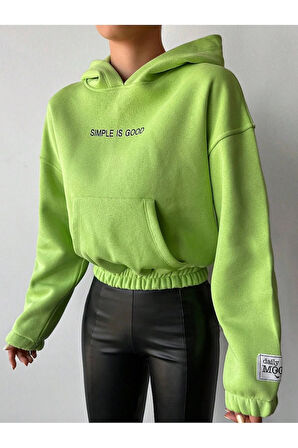 CROP KAPŞONLU 3 İPLİK NEON YEŞİL ŞARDONLU SWEATSHIRT