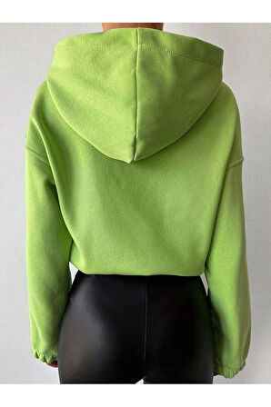 CROP KAPŞONLU 3 İPLİK NEON YEŞİL ŞARDONLU SWEATSHIRT