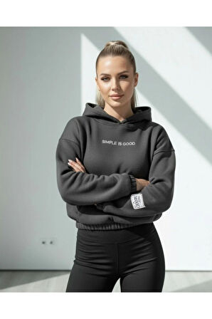 Antrasit Crop Kapüşonlu 3 İplik Şardonlu Kanguru Cepli Sweatshirt