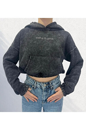 Yıkamalı Crop Kapüşonlu 3 İplik Şardonlu Kanguru Cepli Sweatshirt