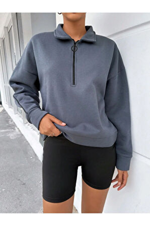Kadın Antrasit Polo Yaka Oversize 3 Iplik Şardonlu Sweatshirt