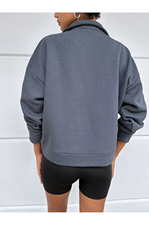 Kadın Antrasit Polo Yaka Oversize 3 Iplik Şardonlu Sweatshirt