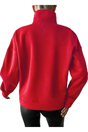 Kadın Kırmızı Polo Diik Yaka Yarım Fermuarlı Oversize 3 Iplik Şardonlu Sweatshirt