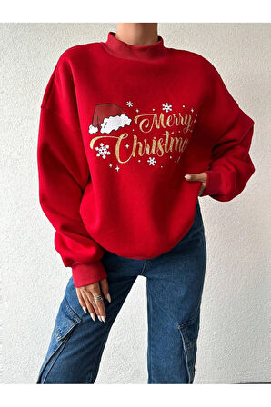 Yeni Yıl Baskılı Kırmızı Oversıze Sweatshirt Dik Yaka