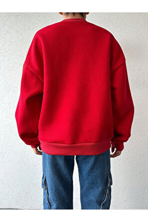 Yeni Yıl Baskılı Kırmızı Oversıze Sweatshirt Dik Yaka