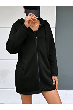 SİYAH KAPŞONLU FERMUARLI UZUN KALIN OVERSIZE ÖRME HIRKA SWEATSHIRT