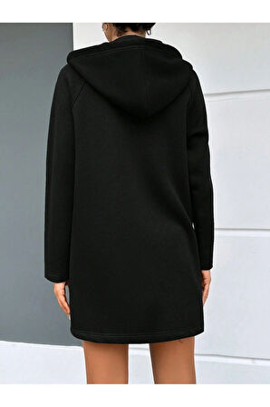 SİYAH KAPŞONLU FERMUARLI UZUN KALIN OVERSIZE ÖRME HIRKA SWEATSHIRT