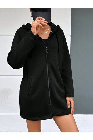 SİYAH KAPŞONLU FERMUARLI UZUN KALIN OVERSIZE ÖRME HIRKA SWEATSHIRT