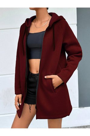 BORDO KAPŞONLU FERMUARLI UZUN KALIN OVERSIZE ÖRME HIRKA SWEATSHIRT