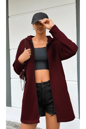 BORDO KAPŞONLU FERMUARLI UZUN KALIN OVERSIZE ÖRME HIRKA SWEATSHIRT