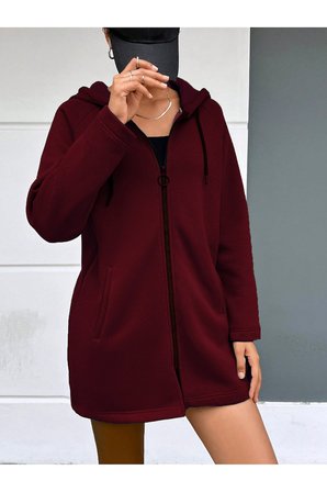 BORDO KAPŞONLU FERMUARLI UZUN KALIN OVERSIZE ÖRME HIRKA SWEATSHIRT