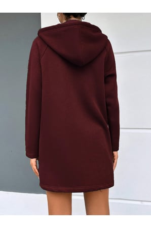 BORDO KAPŞONLU FERMUARLI UZUN KALIN OVERSIZE ÖRME HIRKA SWEATSHIRT