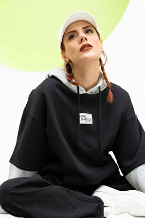 Unisex Kapüşonlu Siyah Gri Collage Sweatshirt