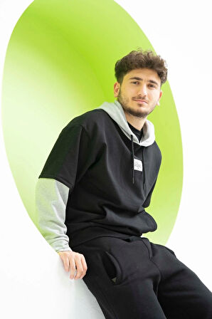 Unisex Kapüşonlu Siyah Gri Collage Sweatshirt