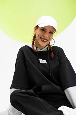 Unisex Kapüşonlu Siyah Gri Collage Sweatshirt