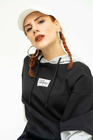 Unisex Kapüşonlu Siyah Gri Collage Sweatshirt