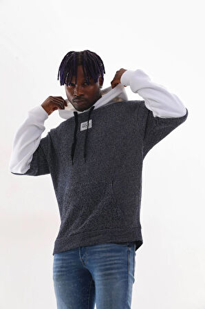 LACİVERT KIRÇILLI TRİKO GÖRÜNÜMLÜ ÖRME UNISEKS KAPŞONLU OVERSIZE SWEATSHIRT