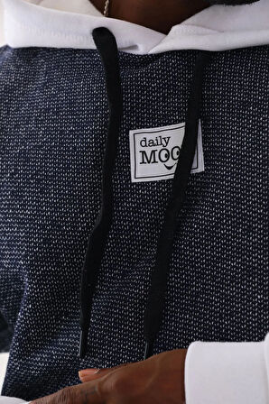 LACİVERT KIRÇILLI TRİKO GÖRÜNÜMLÜ ÖRME UNISEKS KAPŞONLU OVERSIZE SWEATSHIRT