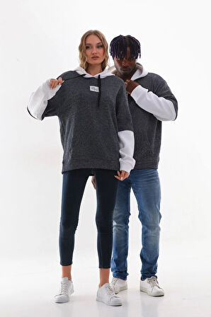 LACİVERT KIRÇILLI TRİKO GÖRÜNÜMLÜ ÖRME UNISEKS KAPŞONLU OVERSIZE SWEATSHIRT