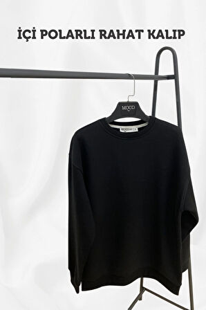 İçi Polarlı Sıcak Tutan Örme Organik Pamuk Regular Fit Siyah Sweatshirt