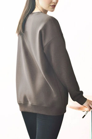 Taş Rengi Kadın Polarlı Sıcak Tutan Örme 3 Iplik Pamuk Basic Sweatshirt