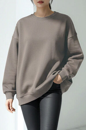 Taş Rengi Kadın Polarlı Sıcak Tutan Örme 3 Iplik Pamuk Basic Sweatshirt