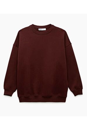 Bordo Kadın Polarlı Sıcak Tutan Örme 3 Iplik Pamuk Basic Sweatshirt