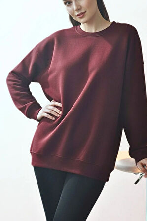 Bordo Kadın Polarlı Sıcak Tutan Örme 3 Iplik Pamuk Basic Sweatshirt
