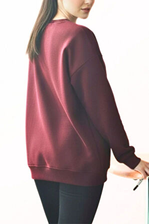 Bordo Kadın Polarlı Sıcak Tutan Örme 3 Iplik Pamuk Basic Sweatshirt