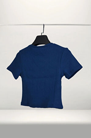 Crop Slogan Baskılı Parçalı Kaşkorse Karyoka Detaylı Tişört