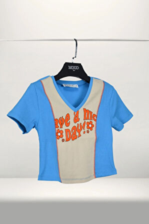 Crop Slogan Baskılı Parçalı Kaşkorse Karyoka Detaylı Tişört