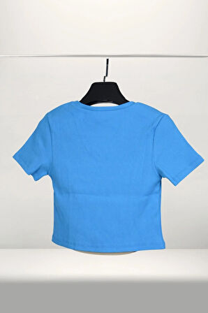 Crop Slogan Baskılı Parçalı Kaşkorse Karyoka Detaylı Tişört