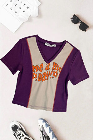 Crop Slogan Baskılı Parçalı Kaşkorse Karyoka Detaylı Tişört