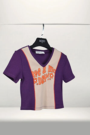 Crop Slogan Baskılı Parçalı Kaşkorse Karyoka Detaylı Tişört