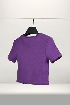 Crop Slogan Baskılı Parçalı Kaşkorse Karyoka Detaylı Tişört