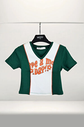 Crop Slogan Baskılı Parçalı Kaşkorse Karyoka Detaylı Tişört