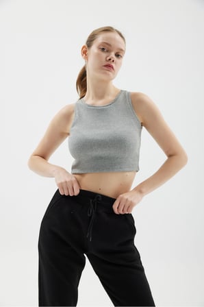 Crop Halter Yaka Fitilli Esnek Örme Atlet