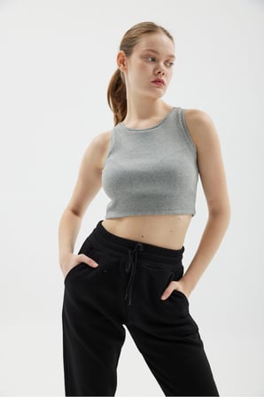 Crop Halter Yaka Fitilli Esnek Örme Atlet
