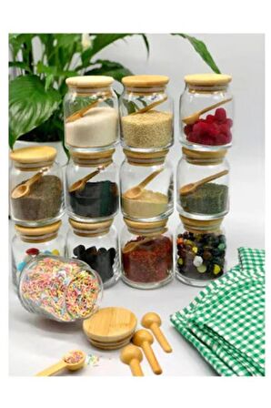 Buenos Kaşıklı 12 li Bambu Kapaklı Cam Kavanoz 500 ml