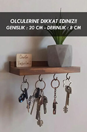 Anahtar Askısı, Ahşap Askılık, Duvar Rafı, 4 Kancalı Dekoratif Kupa Anahtarlık Askısı - 20 x 8 CM