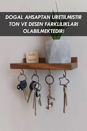 Anahtar Askısı, Ahşap Askılık, Duvar Rafı, 4 Kancalı Dekoratif Kupa Anahtarlık Askısı - 20 x 8 CM