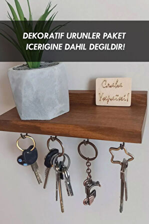 Anahtar Askısı, Ahşap Askılık, Duvar Rafı, 4 Kancalı Dekoratif Kupa Anahtarlık Askısı - 20 x 8 CM