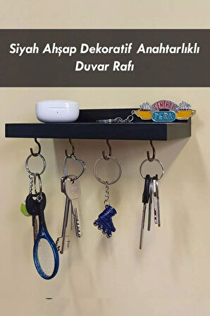 Siyah Anahtar Askısı, Ahşap Askılık, Duvar Rafı, 4 Kancalı Siyah Anahtarlık Askısı - 20 x 8 CM