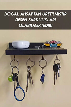 Siyah Anahtar Askısı, Ahşap Askılık, Duvar Rafı, 4 Kancalı Siyah Anahtarlık Askısı - 20 x 8 CM
