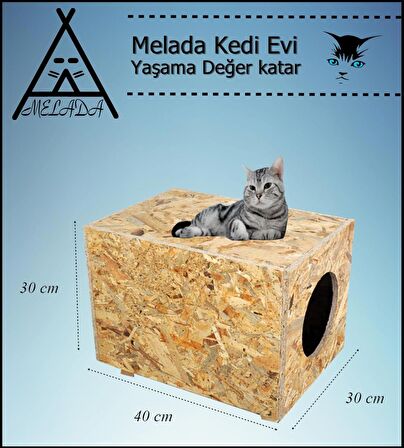 Melada Kedi Evi Dış Ortam Uygun Ahşap Kedi Evi OSB 40x30x30 cm