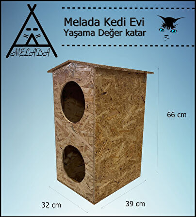 Melada Kedi Evi Dış Ortam Uygun Ahşap Kedi Evi Dublex OSB 66x39x32 cm