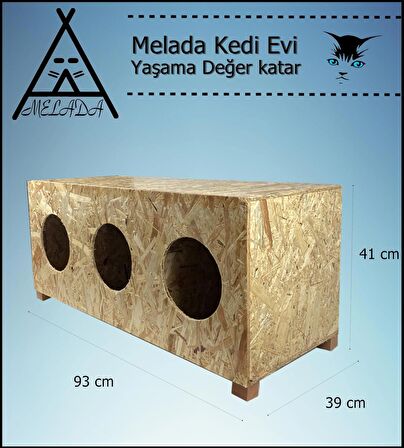 Melada Kedi Evi Dış Ortam Uygun 3'lü Ahşap Kedi Evi OSB 93x41x39 cm