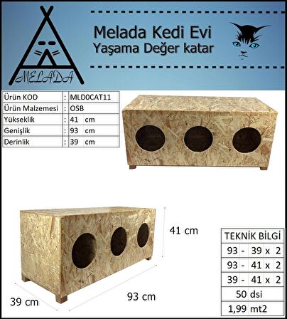 Melada Kedi Evi Dış Ortam Uygun 3'lü Ahşap Kedi Evi OSB 93x41x39 cm