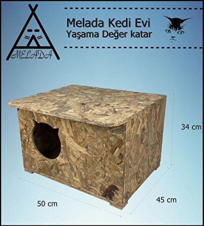 Melada Kedi Evi Dış Ortam Uygun Ahşap Kedi Evi OSB 50x45x34 cm