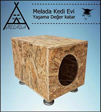 Melada Kedi Evi Dış Ortam Uygun Ahşap Kedi Evi OSB Plastik Ayak 40x40x30 cm